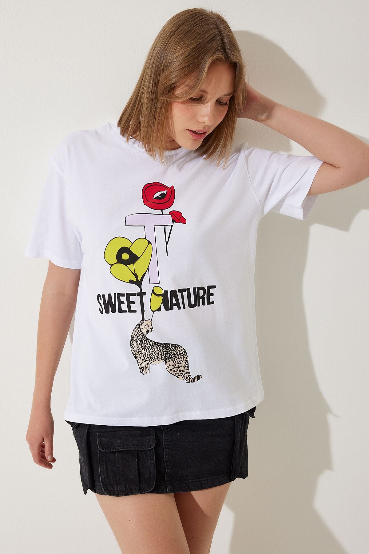 Beyaz Baskılı Oversize Örme T-Shirt WO00039