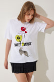 Beyaz Baskılı Oversize Örme T-Shirt WO00039