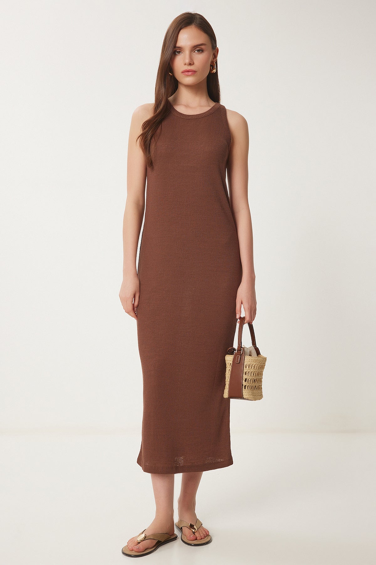 Kahverengi Basic Fitilli Midi Örme Elbise WO00049