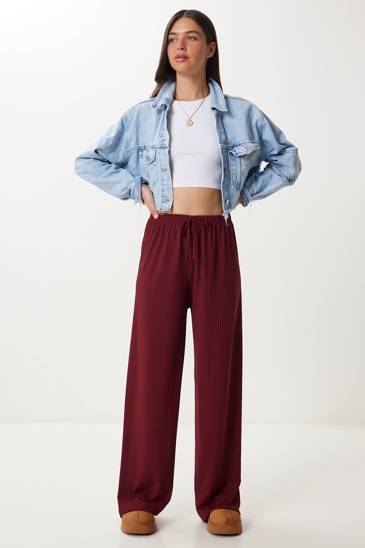 Bordo Geniş Paça Rahat Örme Pantolon PB00054