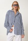 Lacivert Beyaz Çizgili Oversize Dokuma Gömlek DP00259