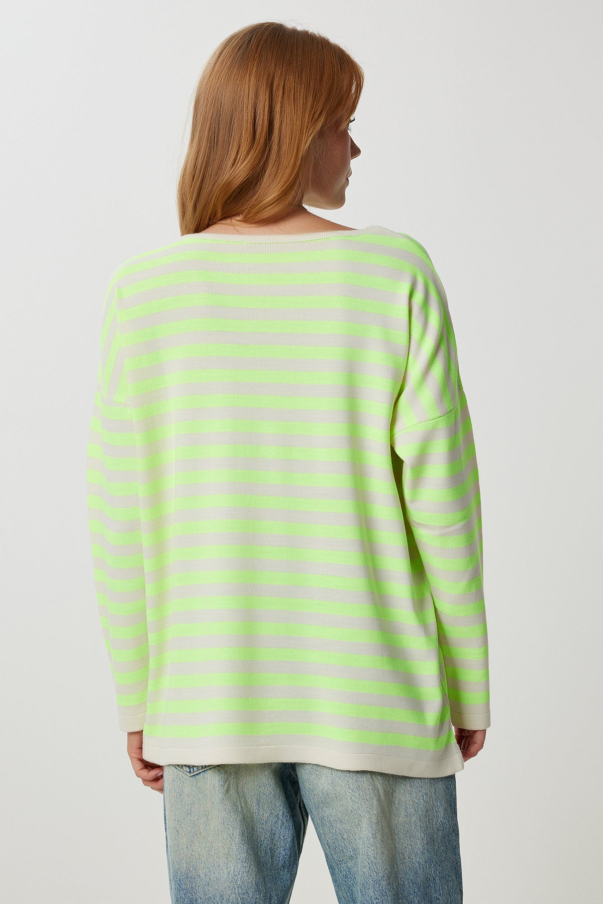 Sarı Krem Çizgili Oversize Triko Kazak Kİ00162