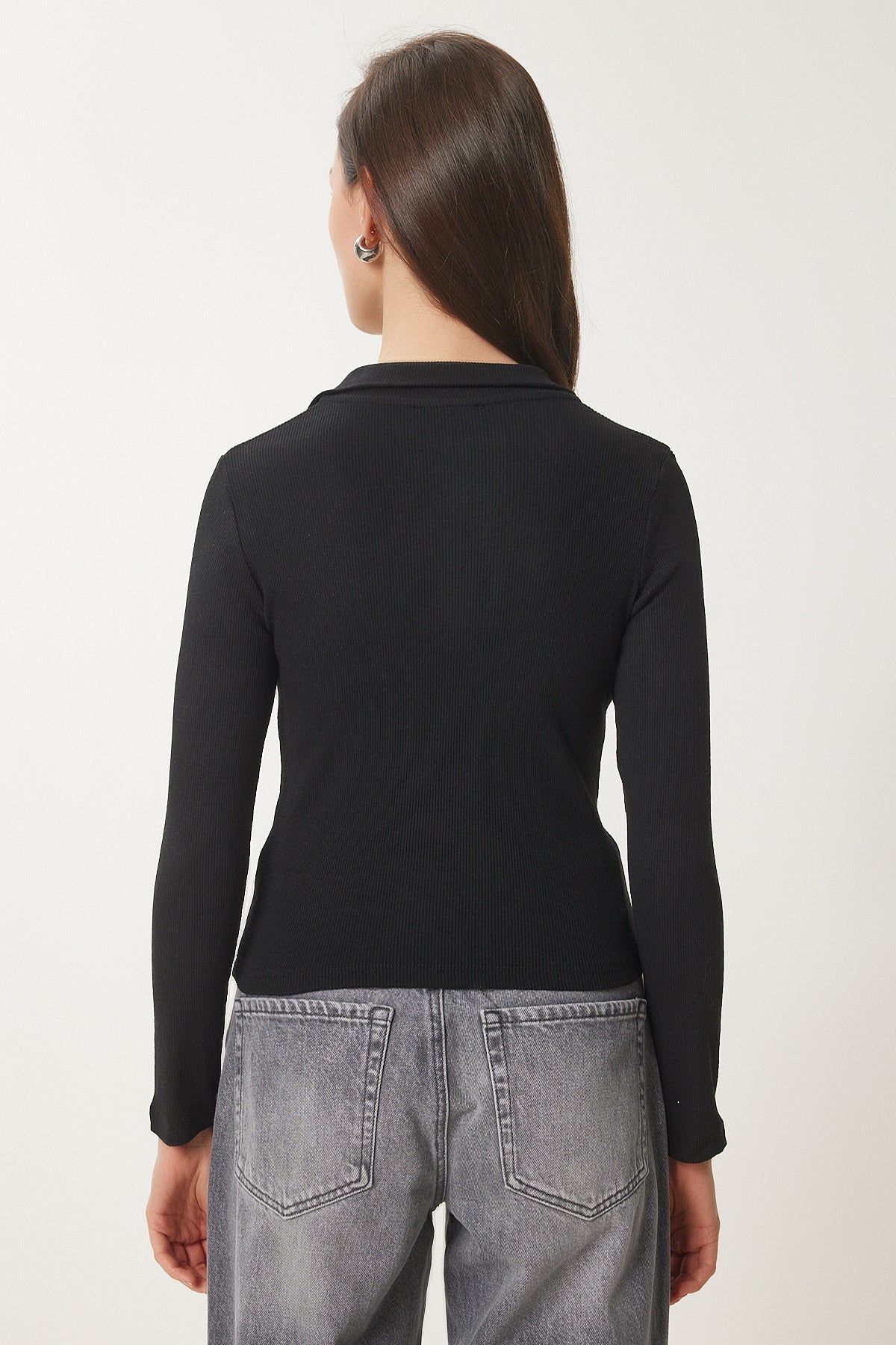 Siyah Polo Yaka Fitilli Örme Bluz GT00111