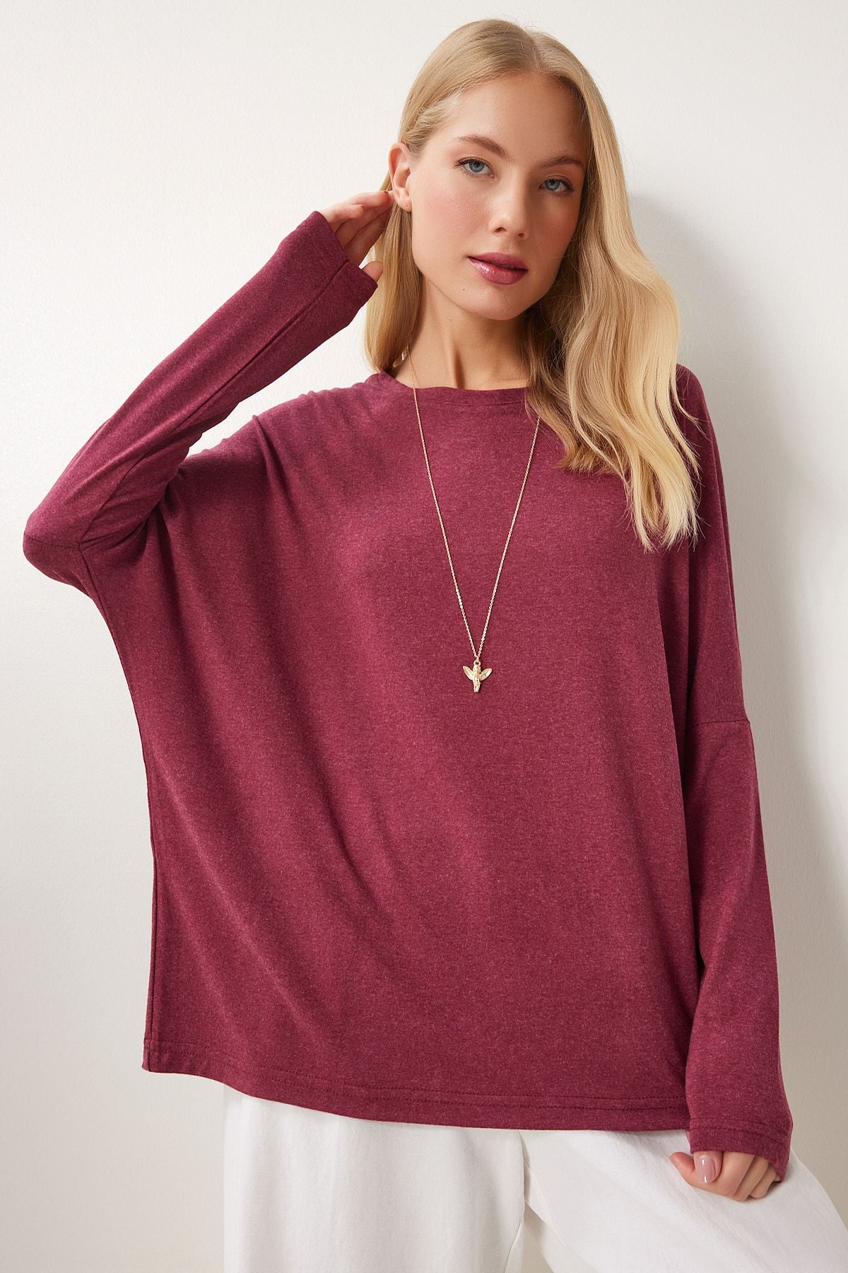 Bordo Bisiklet Yaka Yarasa Kol Örme Bluz  EN00616