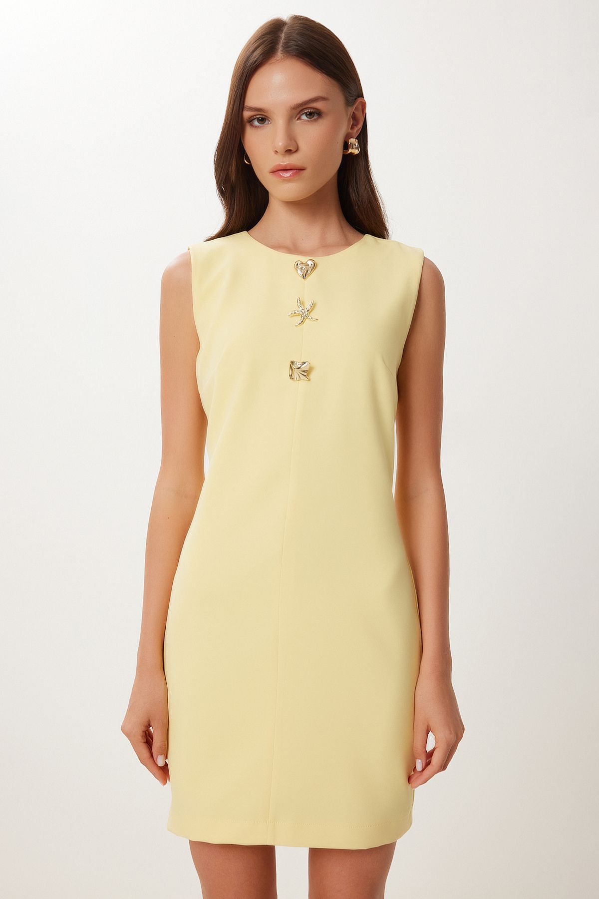 Sarı Gold Aksesuarlı Mini Dokuma Elbise RG00075