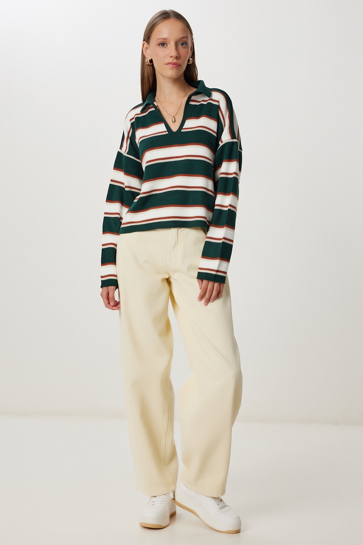 Yeşil Polo Yaka Çizgili Crop Triko Kazak Kİ00056