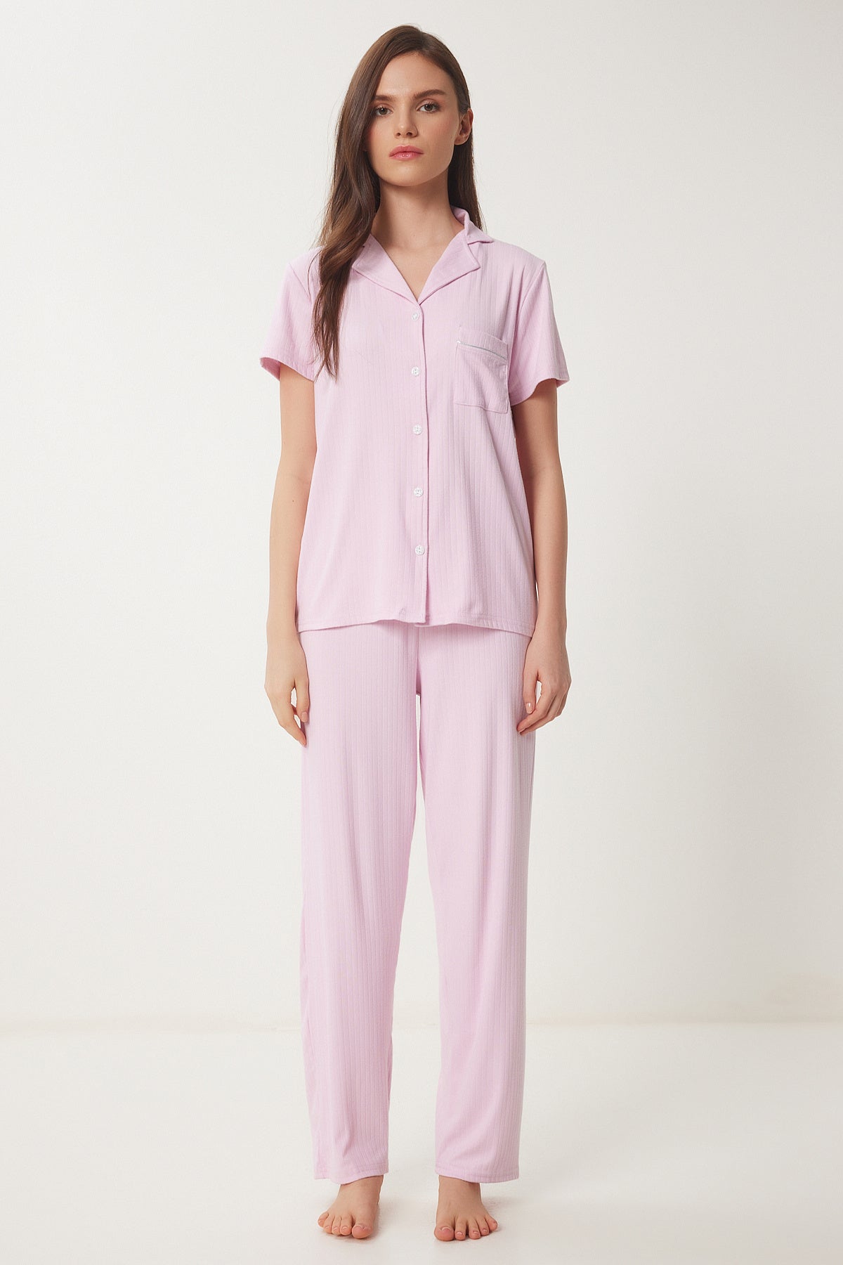 Pembe Gömlek Alt Örme Pijama Takımı PQ00001