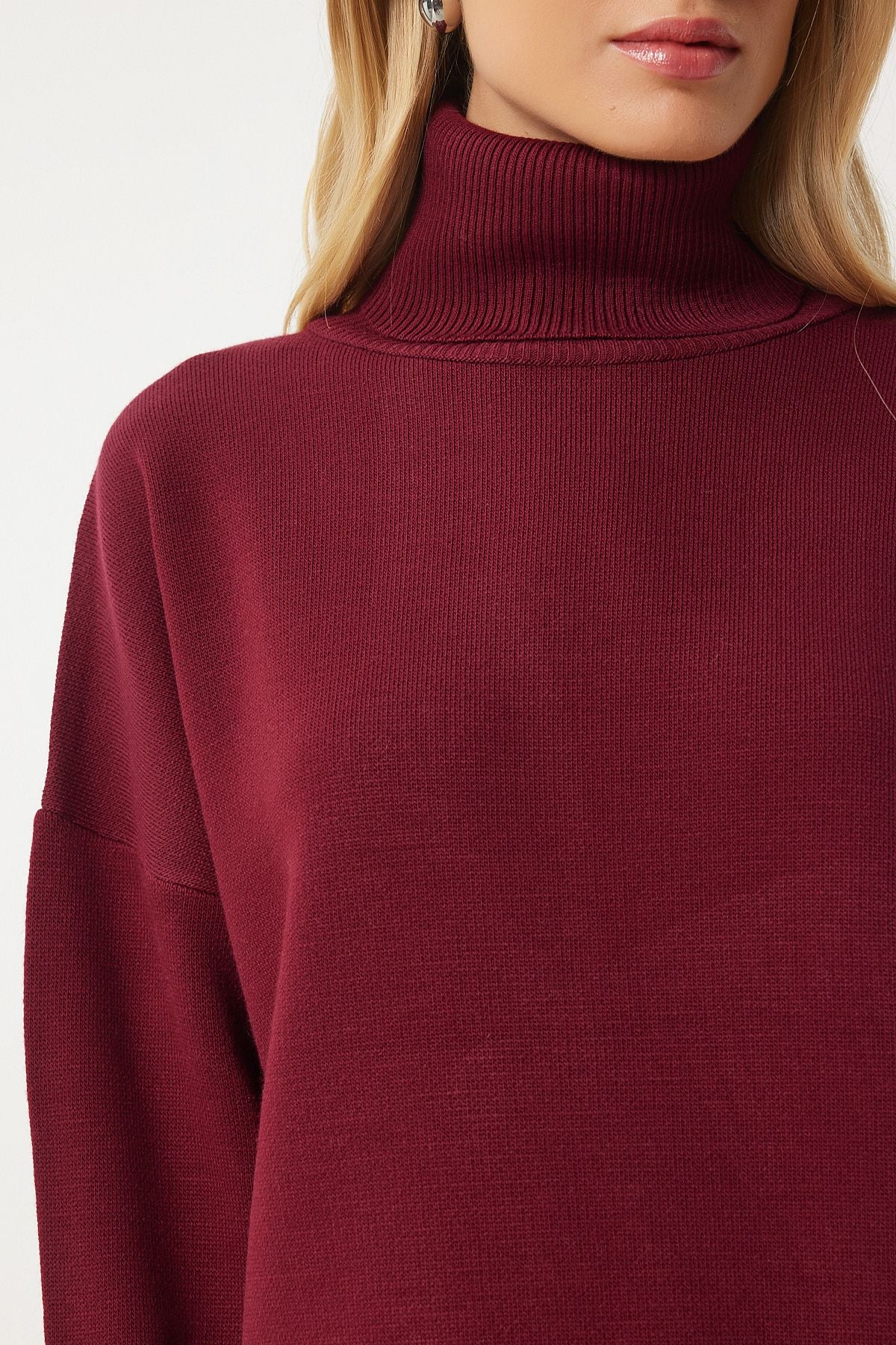 Bordo Balıkçı Yaka Oversize Triko Kazak BV00084
