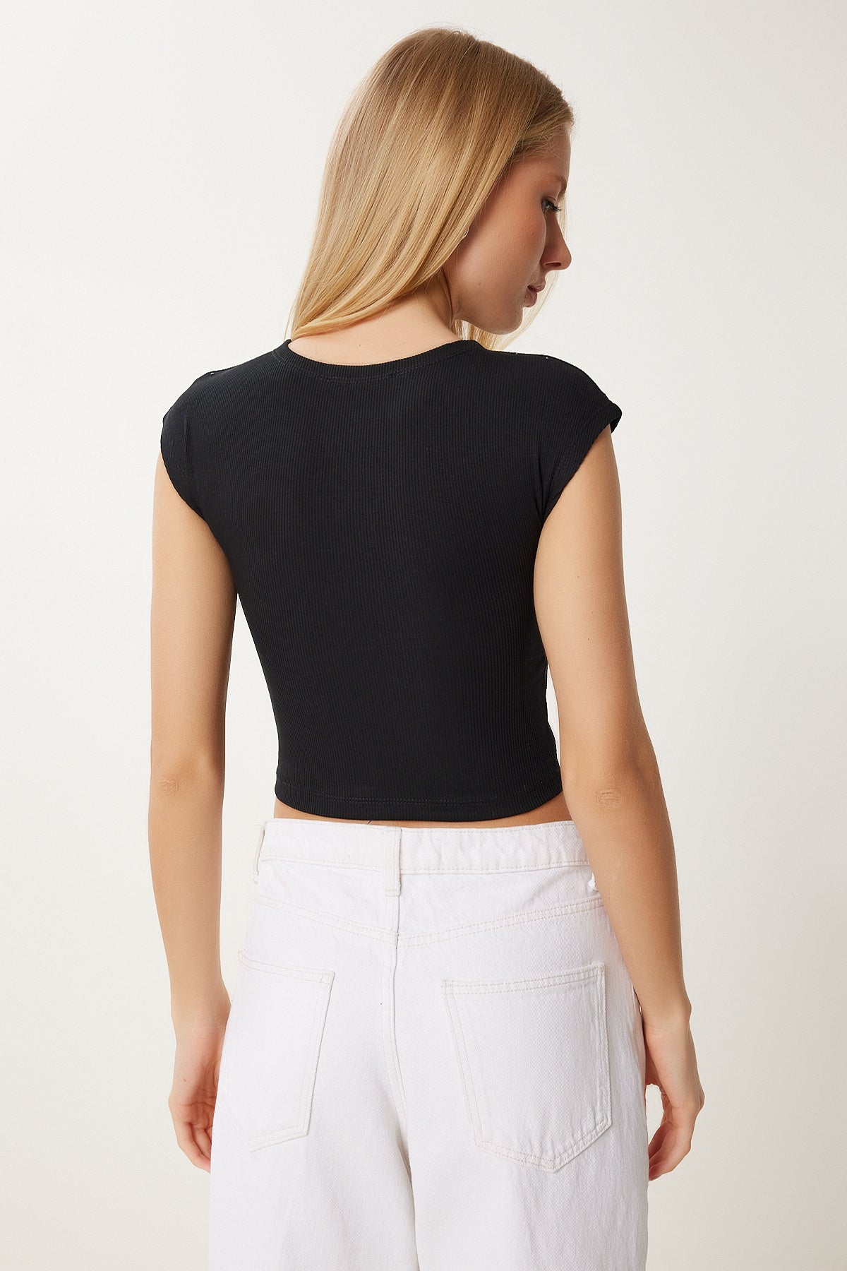 Siyah Taş Detaylı Crop Fitilli Örme Bluz MX00194