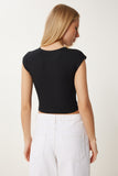 Siyah Taş Detaylı Crop Fitilli Örme Bluz MX00194