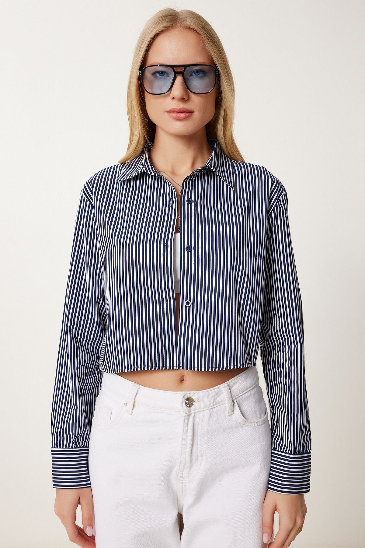 Lacivert Çizgili Poplin Crop Gömlek CR00499