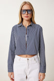 Lacivert Çizgili Poplin Crop Gömlek CR00499