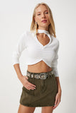 Ekru Cut Out Detaylı Büzgülü Crop Örme Bluz  FN03369