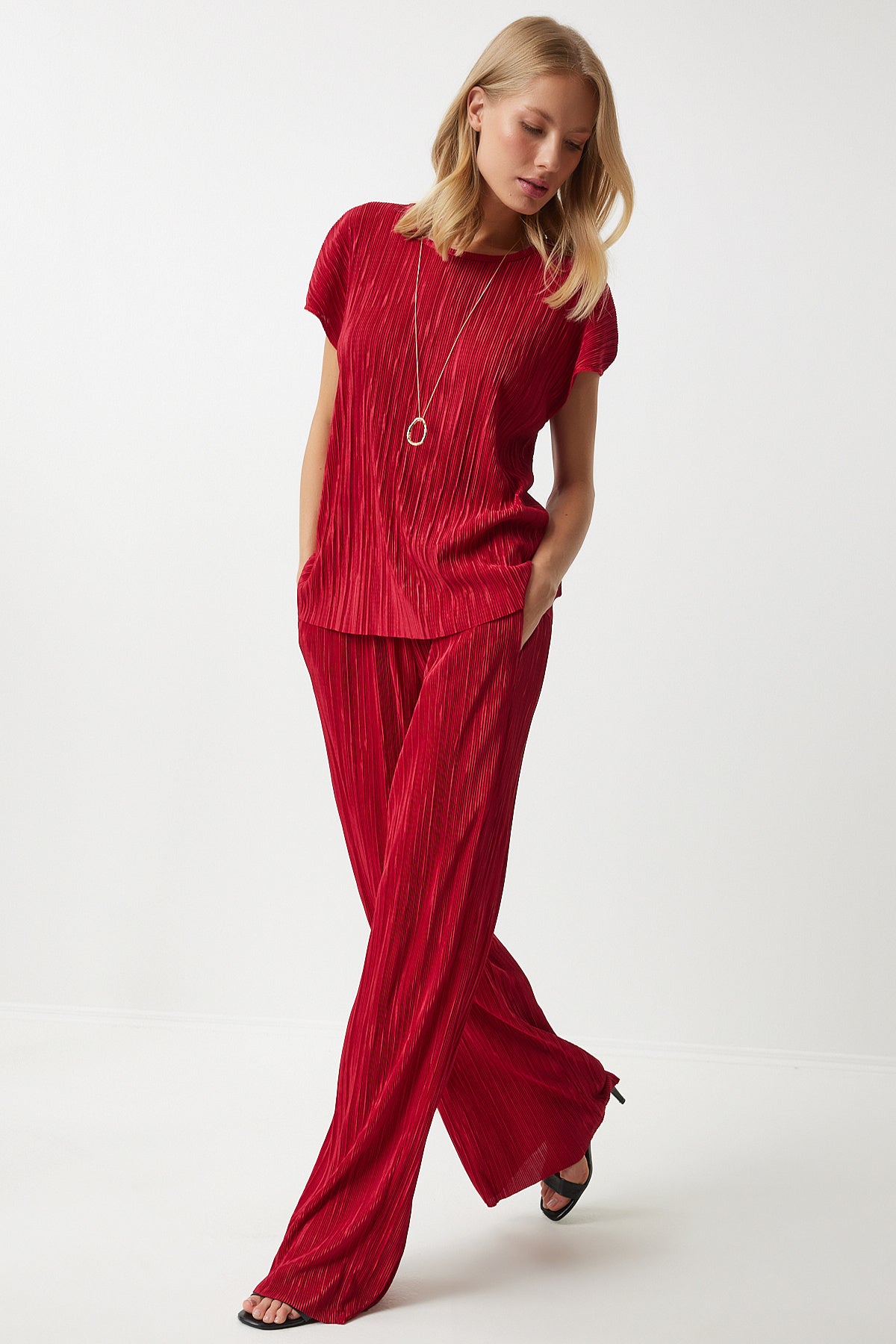 Kırmızı Piliseli Rahat Bluz Pantolon Takım MC00283