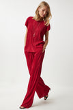 Kırmızı Piliseli Rahat Bluz Pantolon Takım MC00283