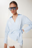 Gök Mavi Gömlek Yaka Anvelop Poplin Bluz DP00243