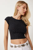 Siyah Taş Detaylı Crop Fitilli Örme Bluz MX00194