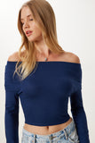 Lacivert Büzgülü Kayık Yaka Crop Bluz UB00422