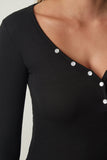 Siyah Düğmeli Yaka Fitilli Crop Örme Bluz LD00066