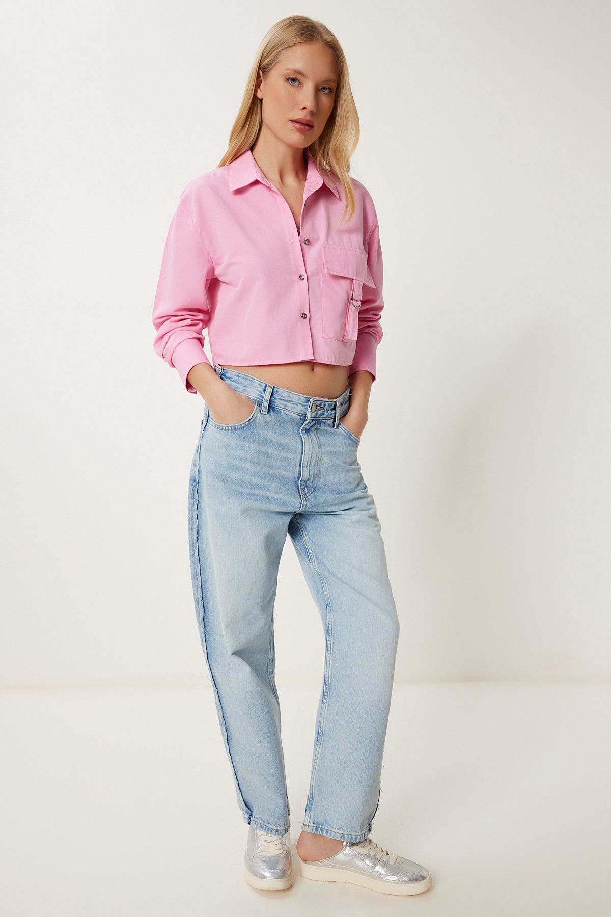 Pembe Cep Detaylı Crop Pamuklu Poplin Gömlek MX00192