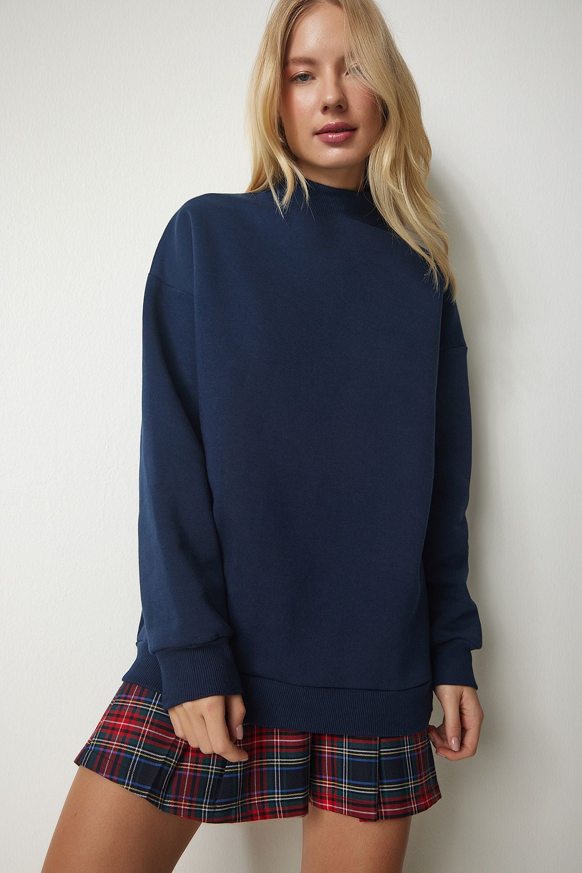 Lacivert Dik Yaka Basic Şardonlu Sweatshirt UB00166
