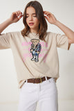 Krem Ayıcık Armalı Pamuklu Oversize Örme T-Shirt CR00461
