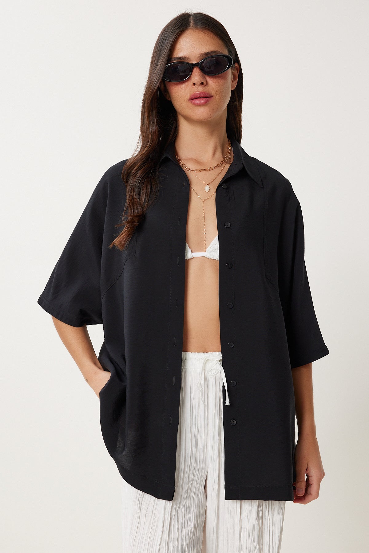 Siyah Oversize Dokuma Gömlek WF00130