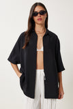 Siyah Oversize Dokuma Gömlek WF00130