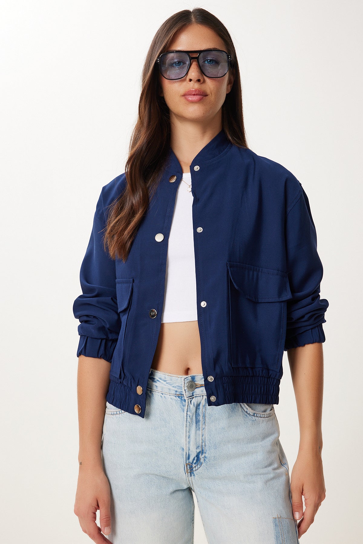 Lacivert Kapaklı Cepli Gabardin Bomber Ceket MX00235