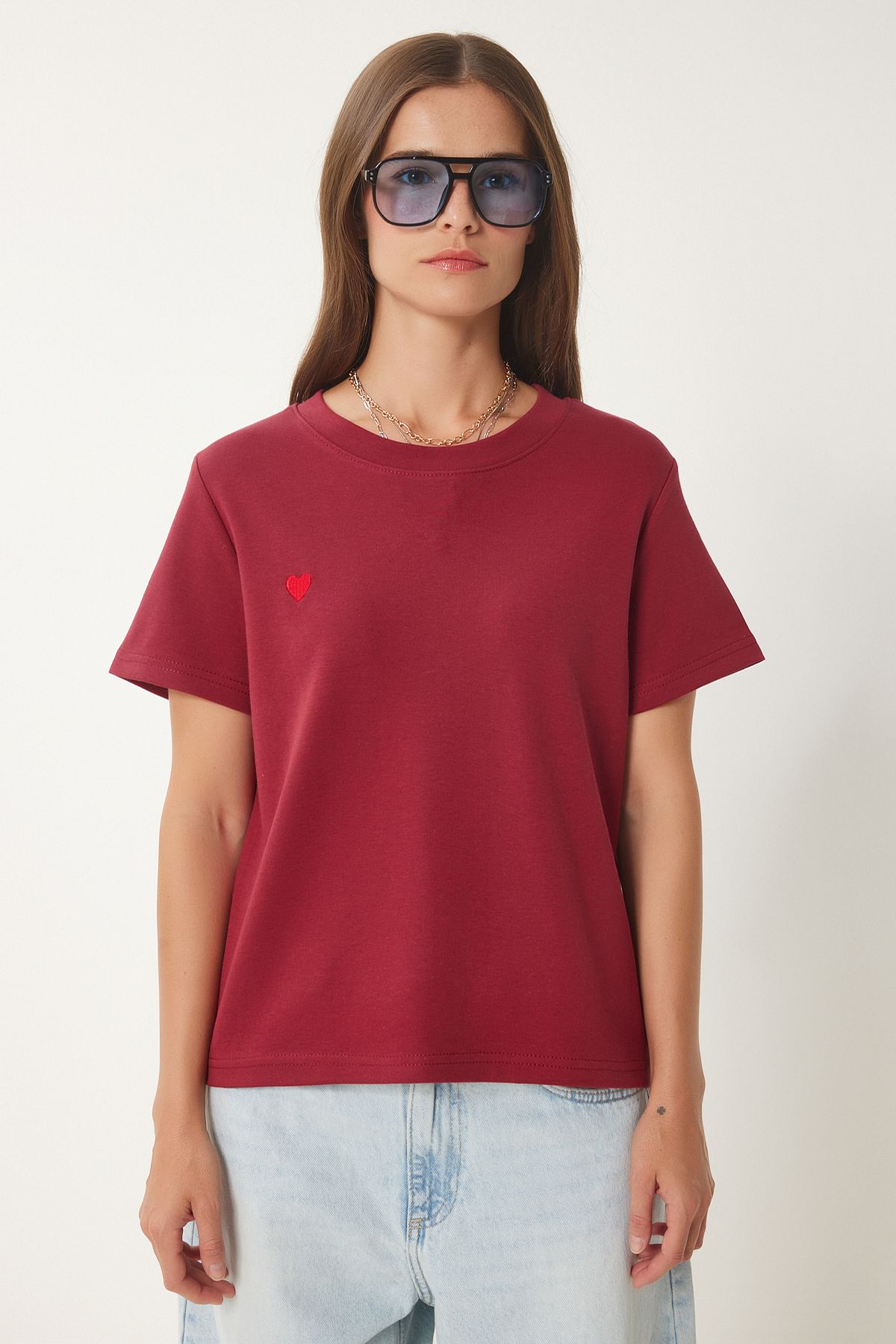 Bordo Kalp Nakışlı Örme T-Shirt DP00242