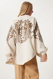 Krem Kahverengi Nakış İşlemeli Keten Kimono OR00005