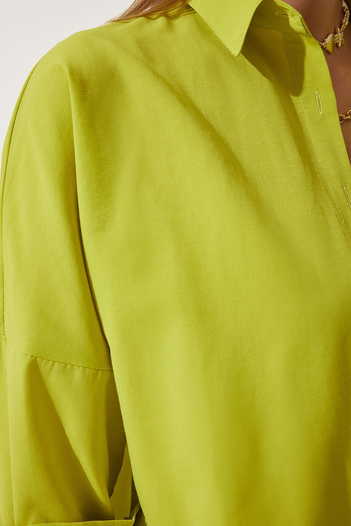 Yağ Yeşili Oversize Uzun Basic Gömlek  DD00842