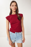 Bordo Vatkalı Asimetrik Örme Bluz CR00480