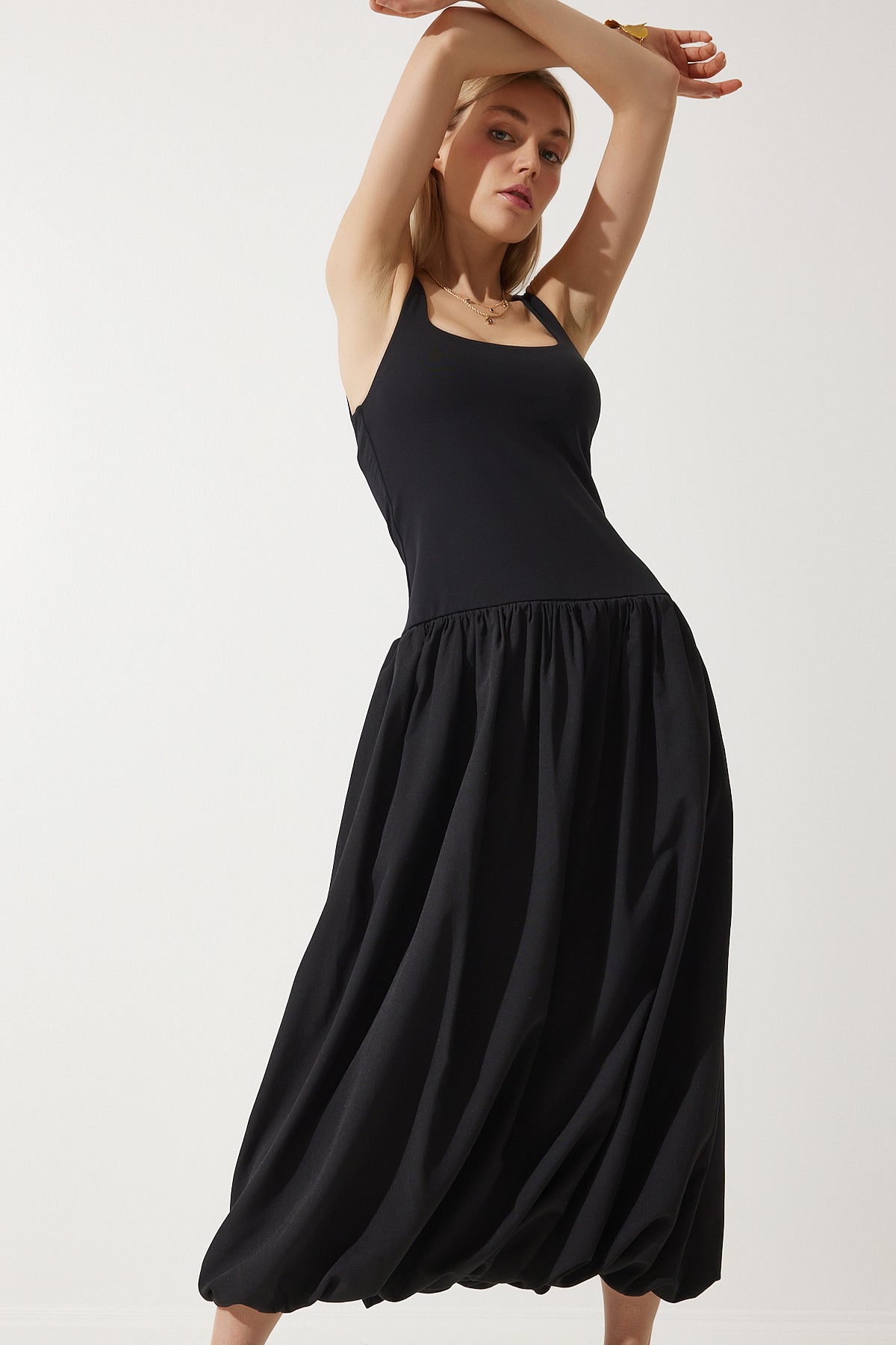 Siyah Balon Midi Elbise UB00276