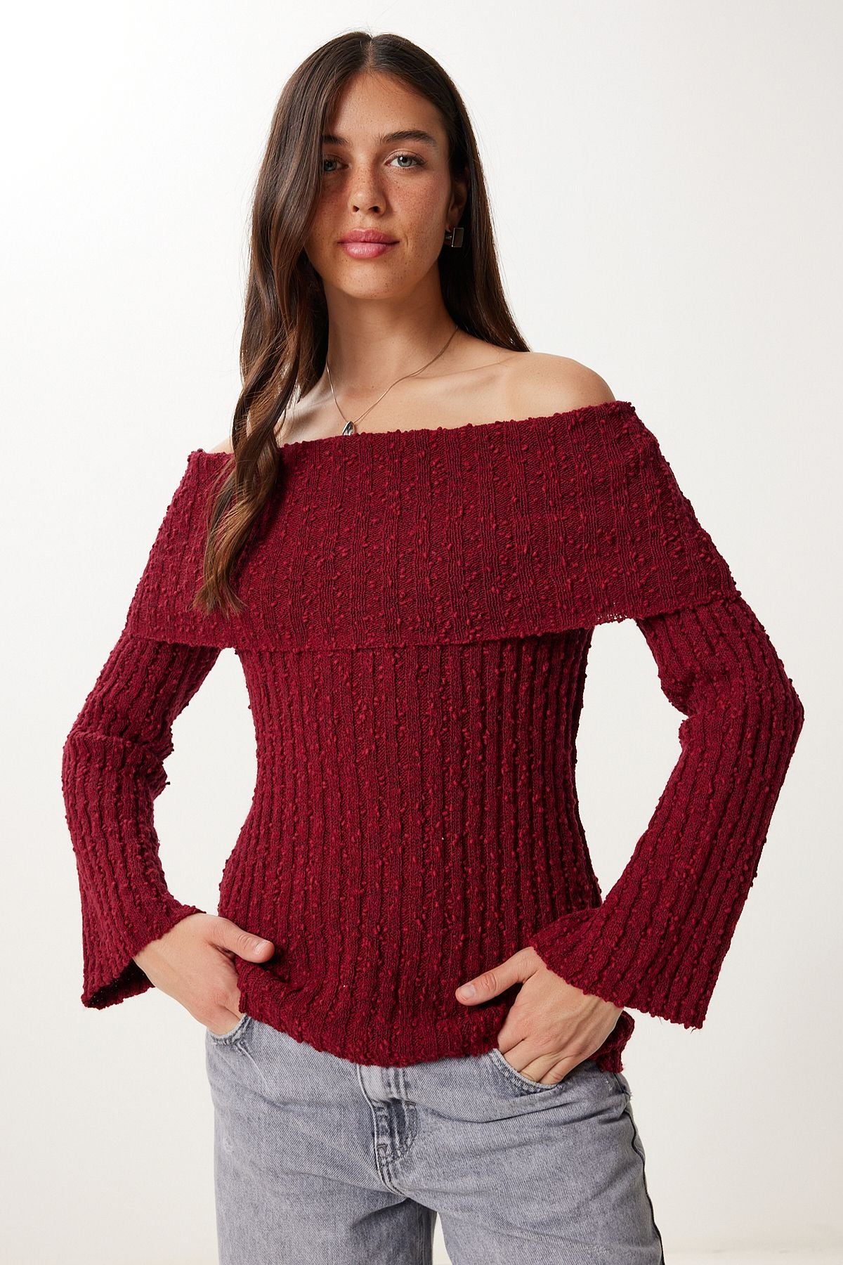 Bordo Carmen Yaka Dokulu Triko Kazak YY00252