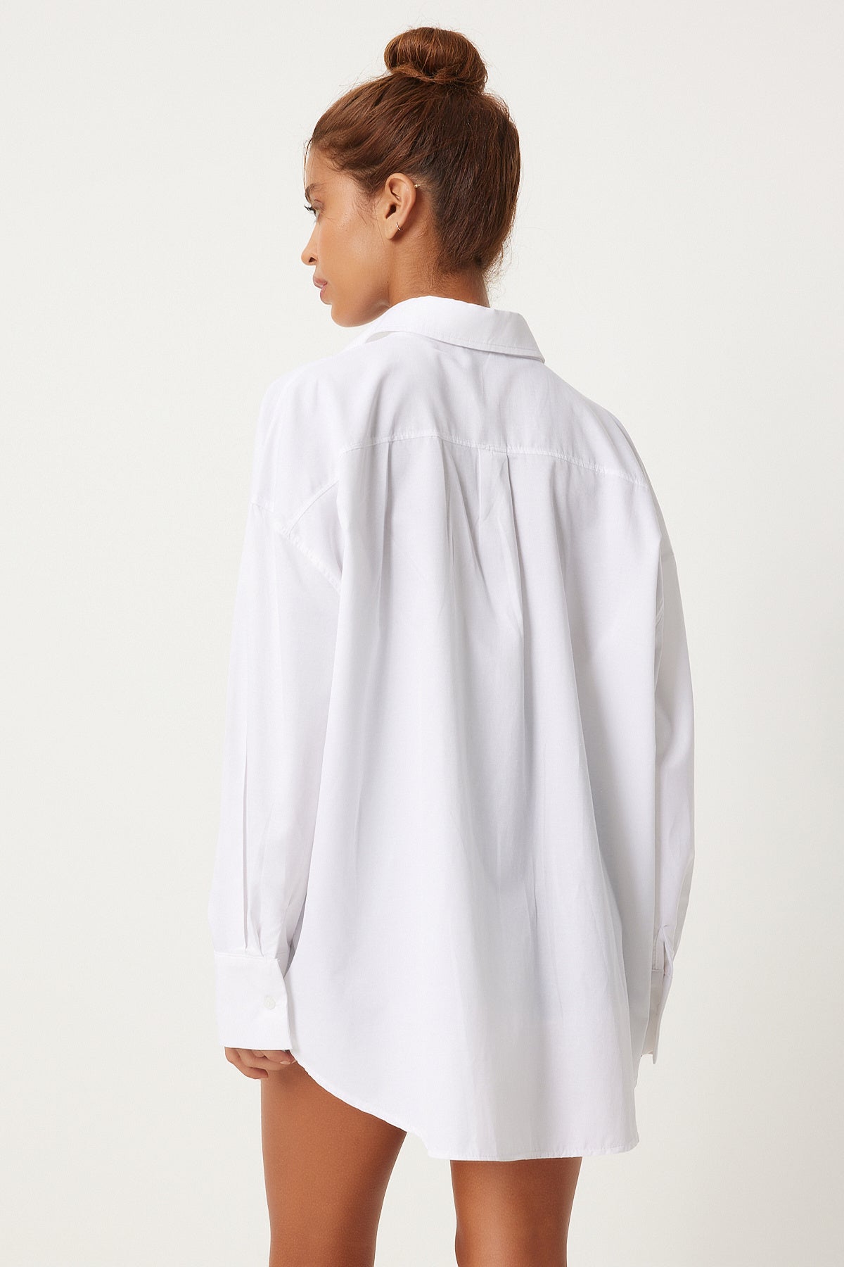 Beyaz Yeşil Kontrast Şeritli Fermuarlı Oversize Gömlek  FN03263