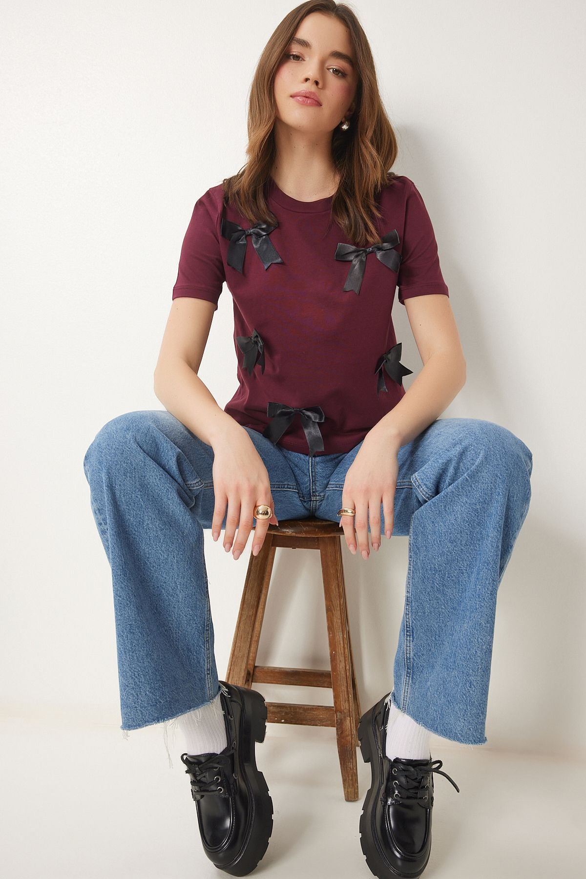 Bordo Fiyonklu Pamuklu Örme T-Shirt CR00453