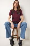 Bordo Fiyonklu Pamuklu Örme T-Shirt CR00453