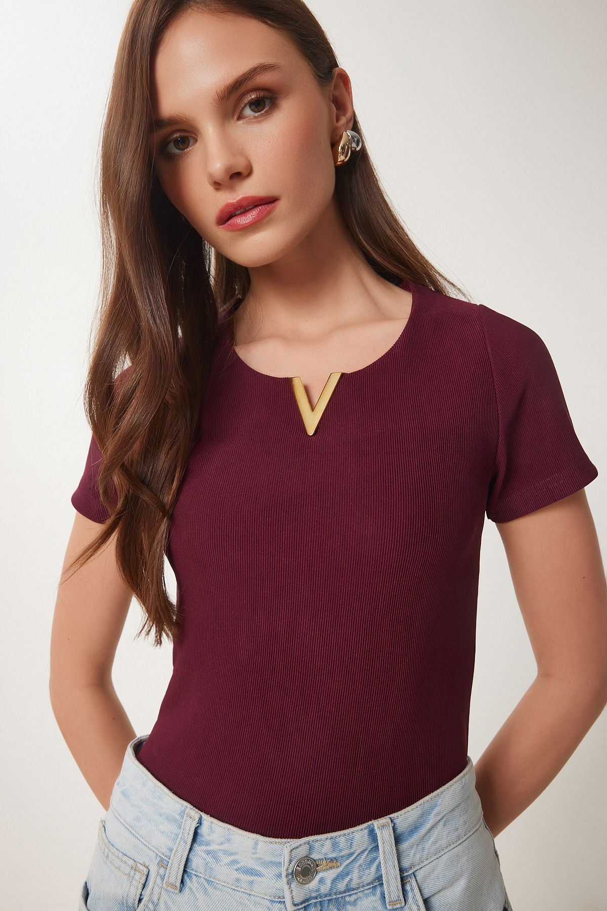Bordo Gold Aksesuarlı Fitilli Örme Bluz ZV00297