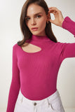 Açık Mürdüm Cut Out Detaylı Fitilli Örme Bluz GT00065