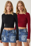 Bordo Siyah Bisiklet Yaka Basic 2'Li Paket Crop Örme Bluz OW00035