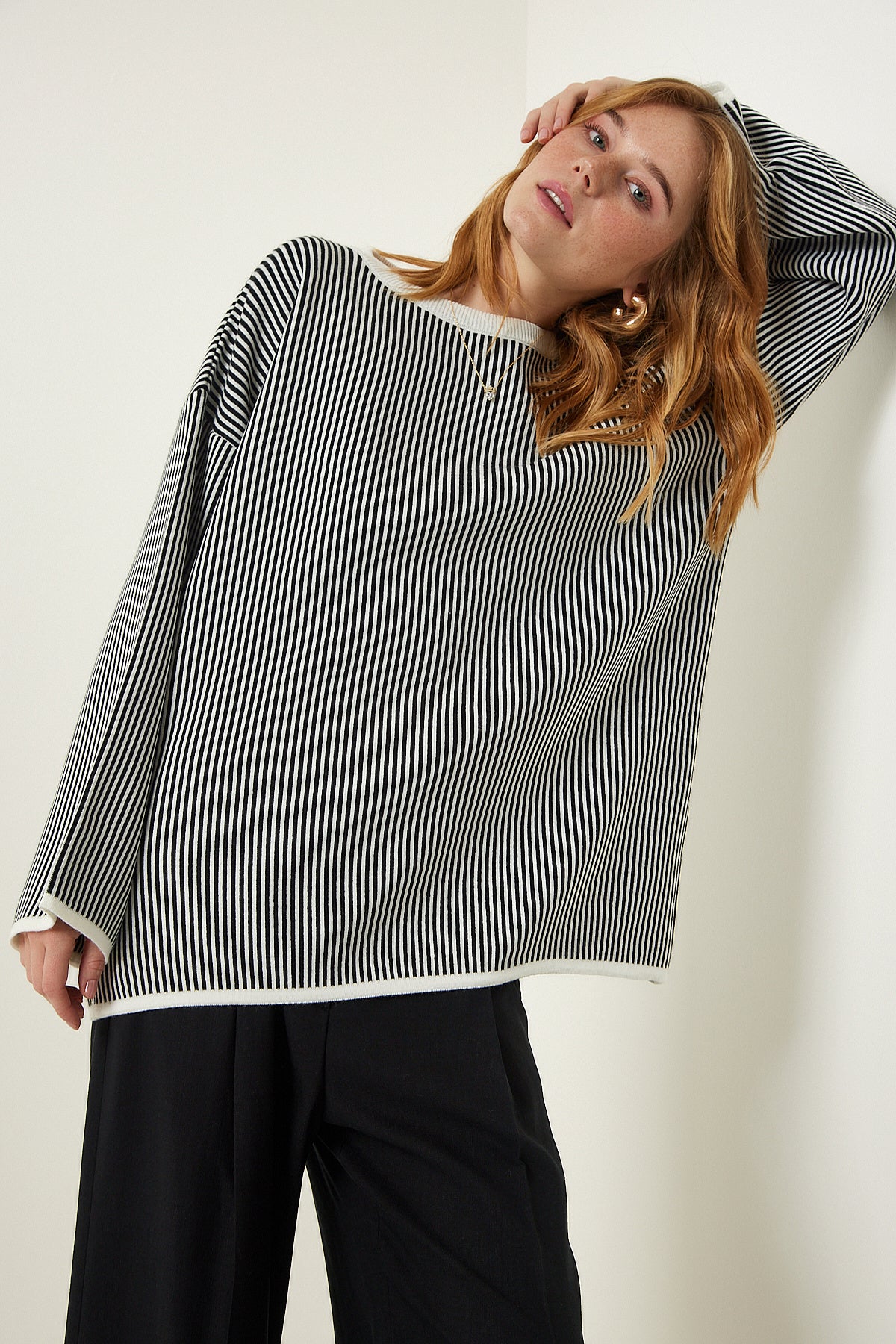 Siyah Beyaz Çizgili Oversize Triko Kazak YY00196