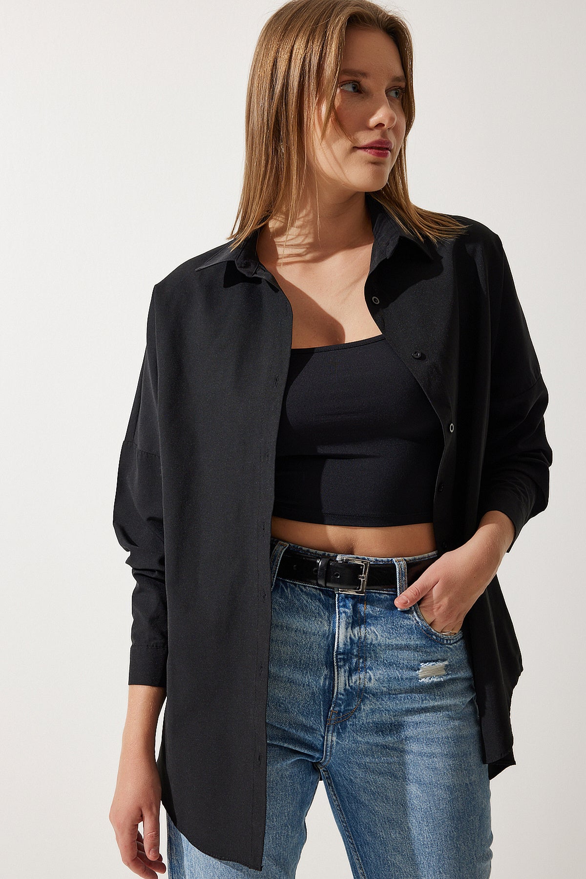 Siyah Oversize Uzun Basic Gömlek DD00842