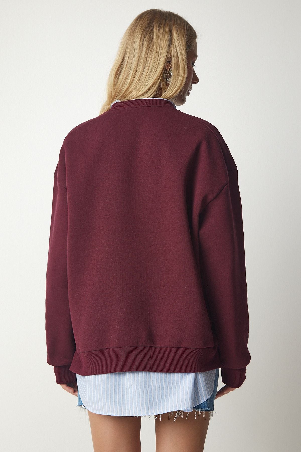 Bordo Fermuar Detaylı Şardonlu Örme Sweatshirt UB00148
