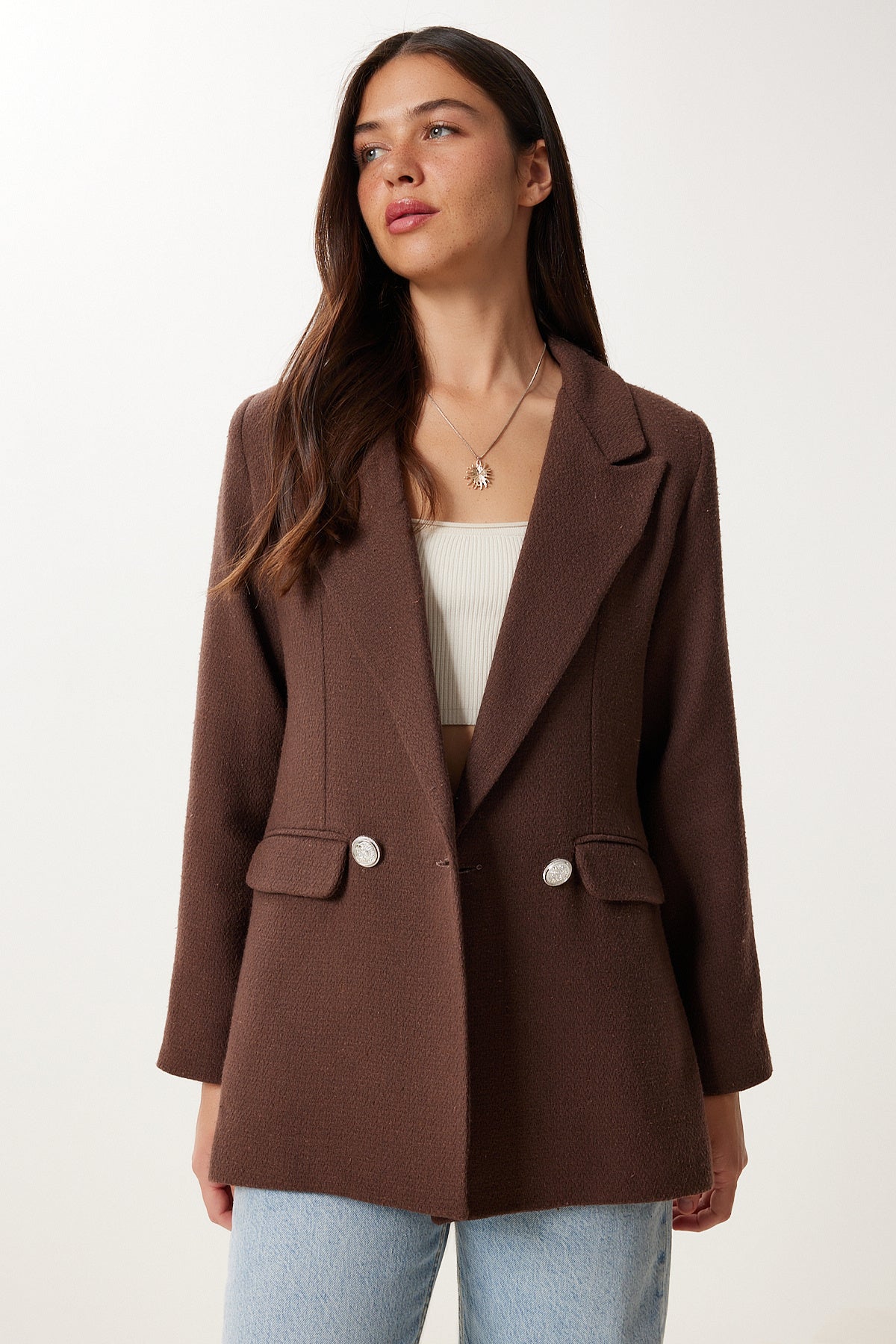 Kahverengi Vatkalı Şık Düğmeli Tüvit Blazer Ceket XL00005