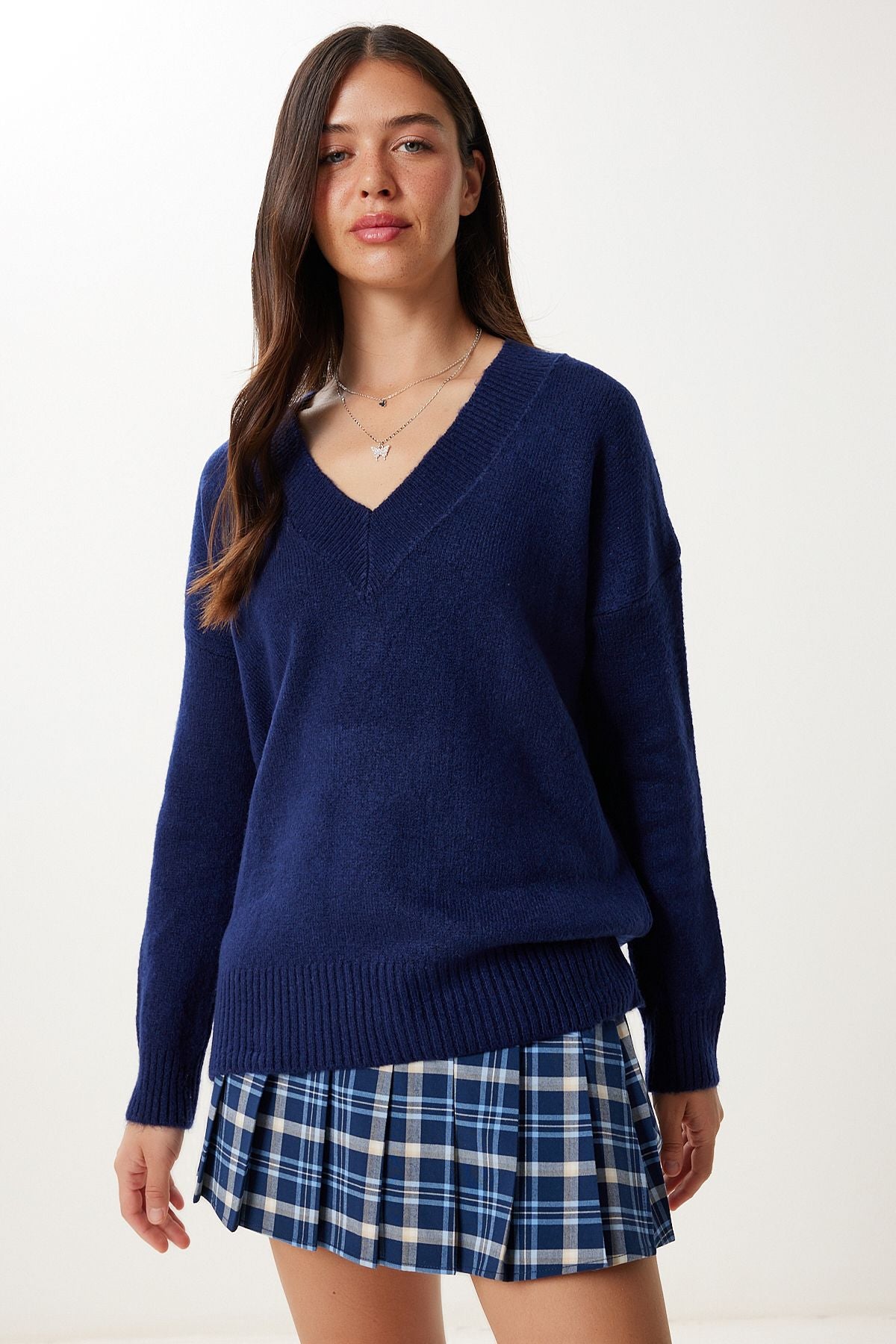 Lacivert V Yaka Oversize Triko Kazak  BV00003