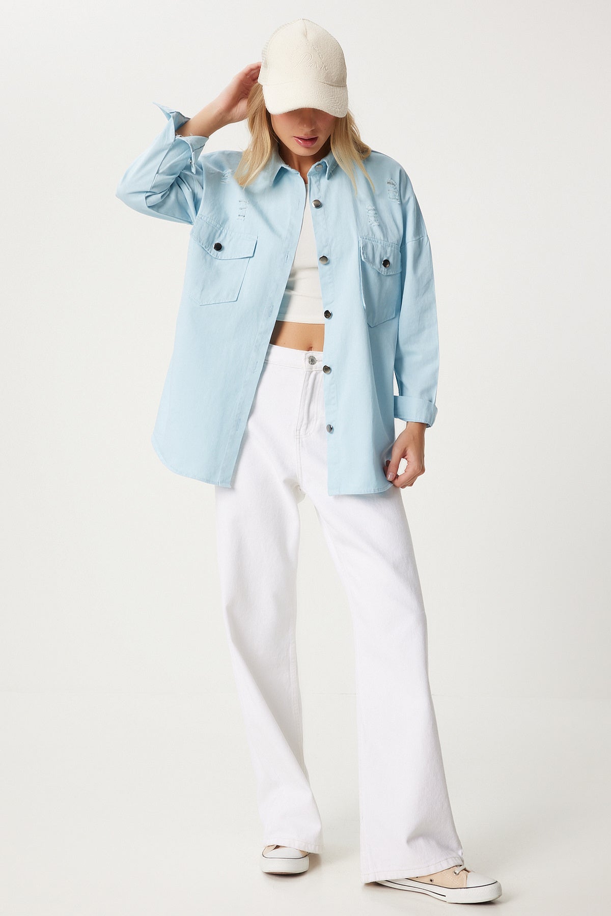 Gök Mavi Cepli Oversize Gabardin Gömlek Ceket DX00017