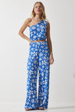 Mavi Beyaz Desenli Örme Crop Bluz Palazzo Takım MC00260