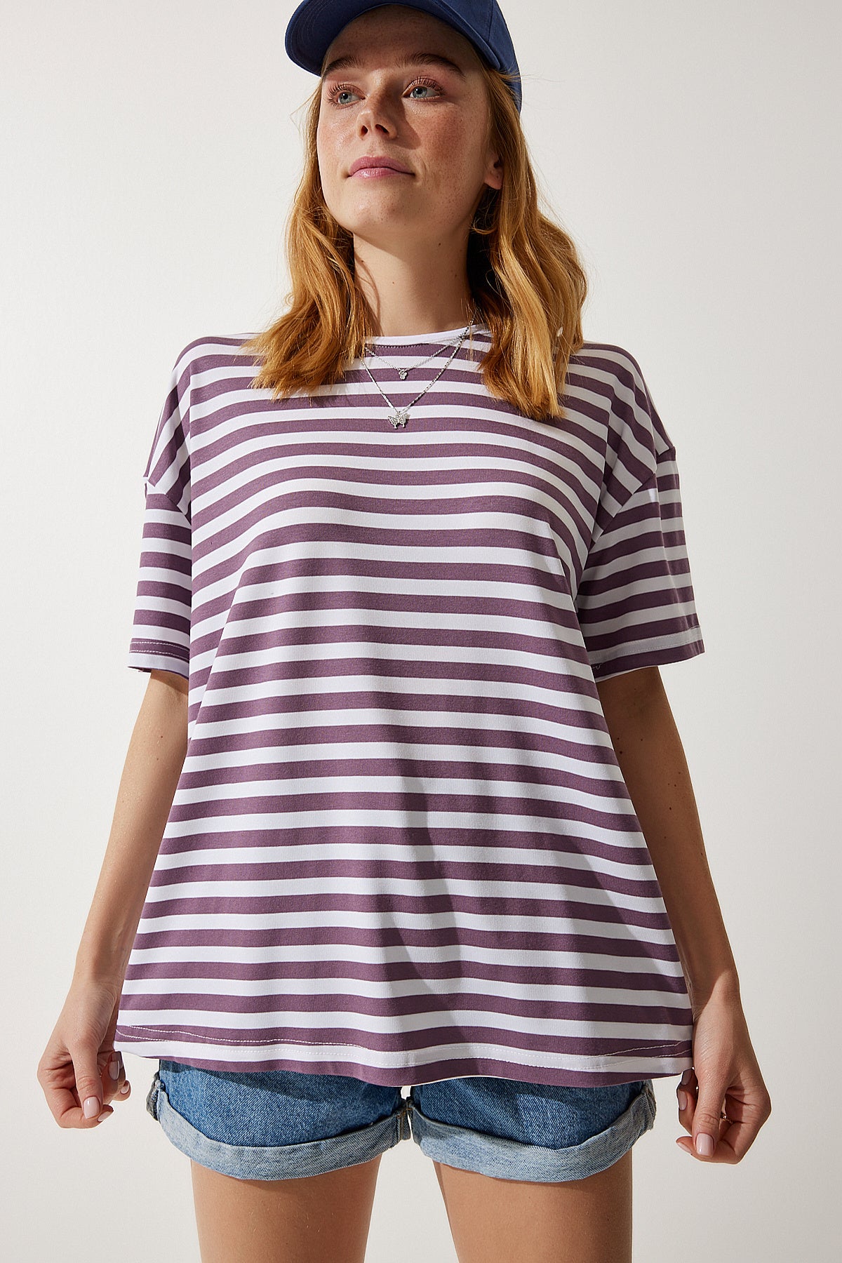 Leylak Bisiklet Yaka Çizgili Oversize Örme T-Shirt EN00609