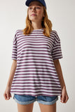 Leylak Bisiklet Yaka Çizgili Oversize Örme T-Shirt EN00609